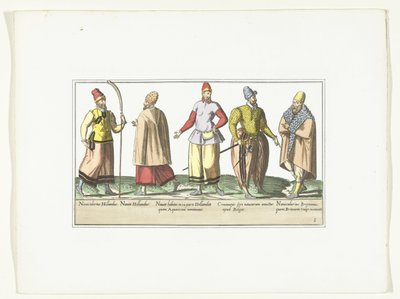 Öt hollandiai és bretagne-i divat szerint öltözött tengerész, 1580 körül Maris jelmezek (cím a tárgyon) alkotó: Anonymous