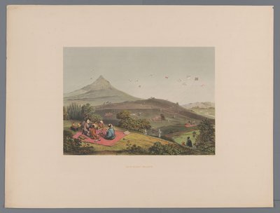 Sárkányok harca egy japán dombos tájon Lutte de cerf ugrál (cím a tárgyon) Souvenir du Japon vues d