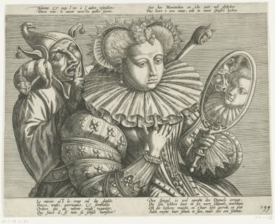 Nő tükörrel és bolonddal: rajzfilm az értékes merev fodron, kb. 1600 alkotó: Anonymous