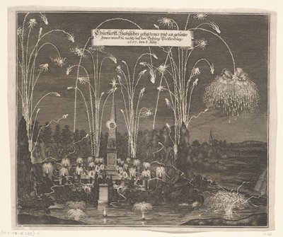 Tűzijáték Pleißenburg mellett, 1667. július 8 Churfürstl: Sachsisches gehaltenes und an gezentes Kevesebb werck zu nachts beij az erőd Pleissenburg, 1667. július 8. (cím a tárgyon) alkotó: Anonymous