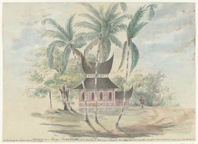 Radja Batipo háza, amelyet leromboltak és felgyújtottak a büntetésére és fenyítésére, mint a Padang Bovelanden-i lázadás vezetője és vezetője 1841-ben (cím a tárgyon) alkotó: Anonymous