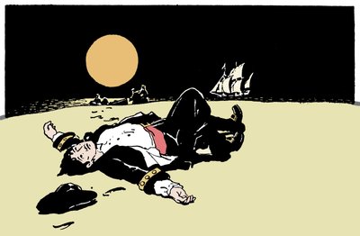 A kalózok által megölt kapitányt elhagyják egy szigeten, a kalózhajó eltávolodik a láthatáron Illusztráció a „The Boys Books of Pirates” 1913-ból alkotó: Anonymous Anonymous