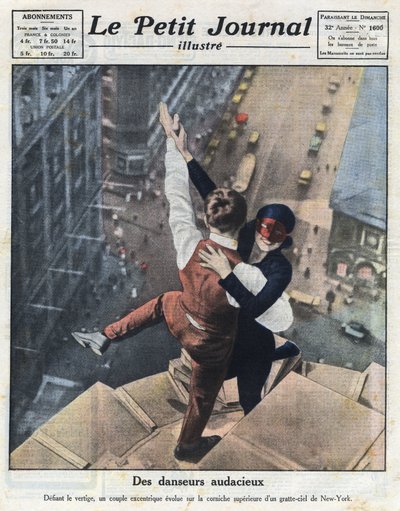 Egy pár extrém táncos egy New York-i felhőkarcoló párkányán fejlődik. Az 1921.08.21-i „Le petit journal illustré” című illusztrációból vettünk. Magángyűjtemény alkotó: Anonymous Anonymous
