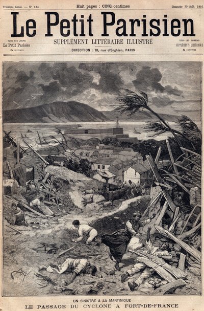 Katasztrófa Martinique-on: a ciklon átvonulása Fort-de-France-ban (Fort de France) 1891-ben. Metszet a „” Le petit Parisien”-ben 1891. augusztusból. Magángyűjtemény. alkotó: Anonymous Anonymous