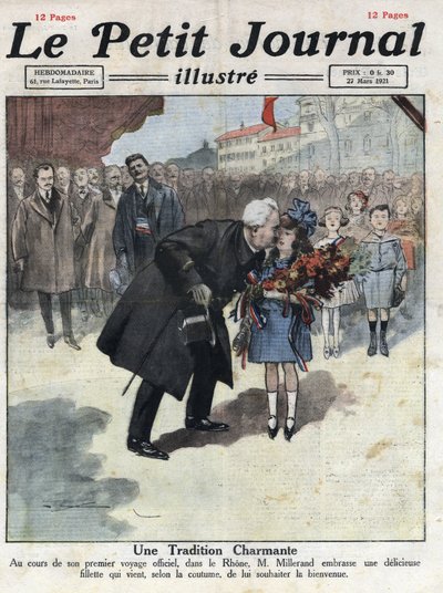 Egy kislány trikolor színű csokrot ajánl Alexandre Millerand köztársasági elnöknek Rhone-i kitelepítése során. Az 1921.03.27-i „” Le petit Journal”” illusztrációja. Magángyűjtemény alkotó: Anonymous Anonymous