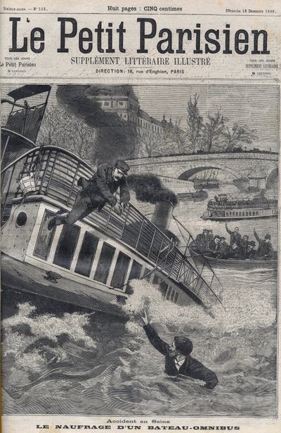 Baleset a Szajnában Párizsban – Egy Omnibus-hajó elsüllyedése: a hajó legénysége a Szajnába ugrik, hogy meneküljön. Le Petit Parisien, 1898.12.18. alkotó: Anonymous Anonymous
