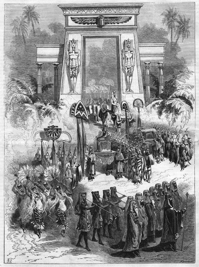 A darab II. felvonása, Aida. Giuseppe Verdi (1813-1901) nagyoperája négy felvonásban és hét festménye a párizsi olasz színházban. Metszet „” L