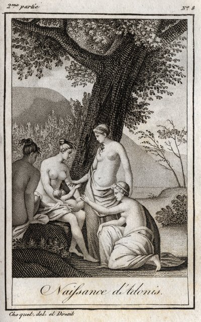 Adonis megszületett. Metszet 1819-ből Charles Albert Demoustier (1760-1801) „Lettres a Emilie sur la mythologie” című művében. Magángyűjtemény. alkotó: Anonymous Anonymous