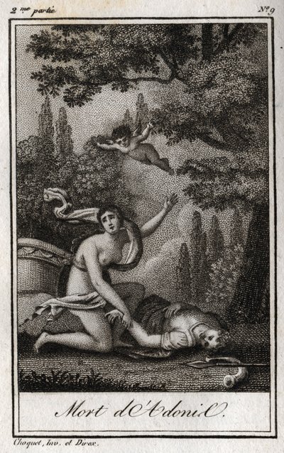 Adonis halála. Metszet 1819-ből Charles Albert Demoustier (1760-1801) „Lettres a Emilie sur la mythologie” című művében. Magángyűjtemény. alkotó: Anonymous Anonymous