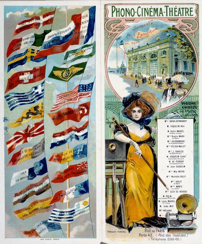 Reklám: Phono - mozi - színház: láss és hallj híres művészeket. Az 1900-as világkiállításon megjelent kromolitográfia különböző országok zászlóival. Párizs, Musee Carnavalet - „” plakát, Phono – mozi – színház: lásd és halld a f alkotó: Anonymous Anonymous
