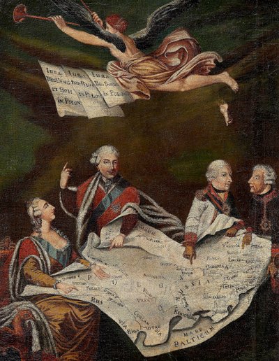Lengyelország felosztásának allegóriája II. Oroszországi Katalin (1729-1796), Stanislas II Augustus (Stanislaw August Poniatowski) között alkotó: Anonymous Anonymous