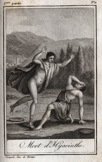 Apollo és Hyacinthos (Hyacinth halála) 1819-es metszete Charles Albert Demoustier (1760-1801) „Lettres a Emilie sur la mythologie” című művében. Magángyűjtemény. alkotó: Anonymous Anonymous