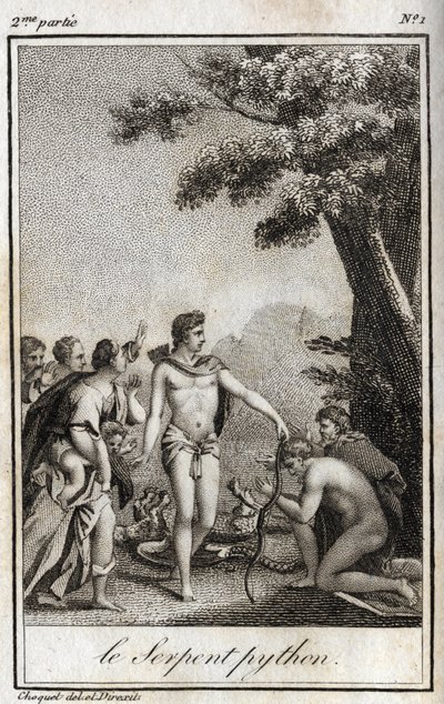 Apollo és a Python kígyó a Parnasszuszon. Metszet 1819-ből Charles Albert Demoustier (1760-1801) „Lettres a Emilie sur la mythologie” című művében. Magángyűjtemény. alkotó: Anonymous Anonymous
