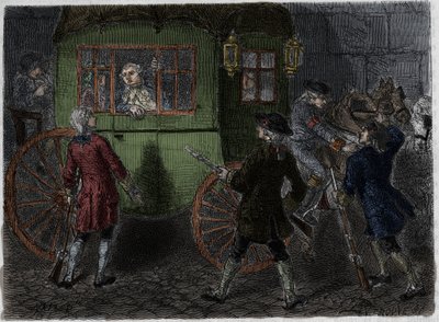 XVI. Lajos (1754-1793) és menekülő családja letartóztatása Varennes-ben 1791. június 21-én. Metszet 1866-ból Adolphe Thiers „Histoire de la Revolution francaise”-be. . alkotó: Anonymous Anonymous