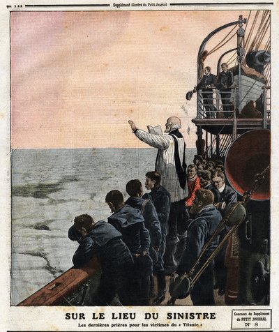 A katasztrófa helyszínén utolsó imák a Titanic áldozataiért. Beavató útja során Southamptonból New Yorkba a brit transzatlanti „The Titanic” hajó jéghegynek ütközött április 14-én éjjel. alkotó: Anonymous Anonymous
