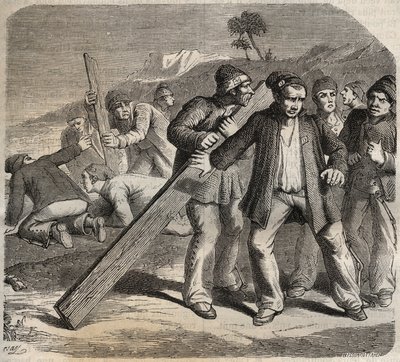 Szökési kísérlet a Belle-Ile-en-Mer erődnél (gyönyörű tengeri sziget) a 19. században. Pierre Zaccone (1817-1895) (Colonia Penale - Büntetőtelep) metszet az „Elítéltek története a megalkotásuktól napjainkig” című könyvébe (1877). Magángyűjtemény. alkotó: Anonymous Anonymous