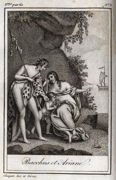 Bacchus et Ariane (Bacchus és Ariadne) Metszet 1819-ből Charles Albert Demoustier (1760-1801) „Lettres a Emilie sur la mythologie” című művében. Magángyűjtemény. alkotó: Anonymous Anonymous