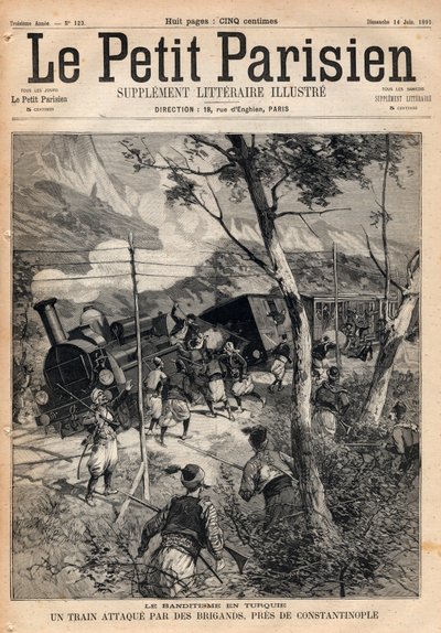 Banditizmus Törökországban, rablók által megtámadt vonat Konstantinápoly közelében. Metszet „” Le petit Parisien”” 1891-ből. Magángyűjtemény. alkotó: Anonymous Anonymous