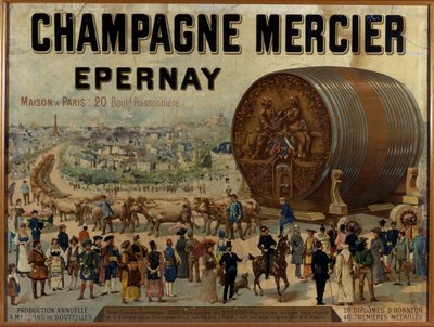 Nagy hordó pezsgős kiállítás az Expo Universelle de 1889 kiállításon – Mercier pezsgő reklámplakátja, 19. század vége alkotó: Anonymous Anonymous