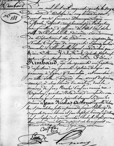 Arthur Rimbaud (1854-1891), Charleville francia költő születési anyakönyvi kivonata, a Musee Rimbaud. alkotó: Anonymous Anonymous