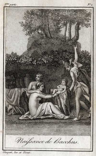 Megszületett Bacchus, Jupiter és Semele fia. Metszet 1819-ből Charles Albert Demoustier (1760-1801) „Lettres a Emilie sur la mythologie” című művében. Magángyűjtemény. alkotó: Anonymous Anonymous