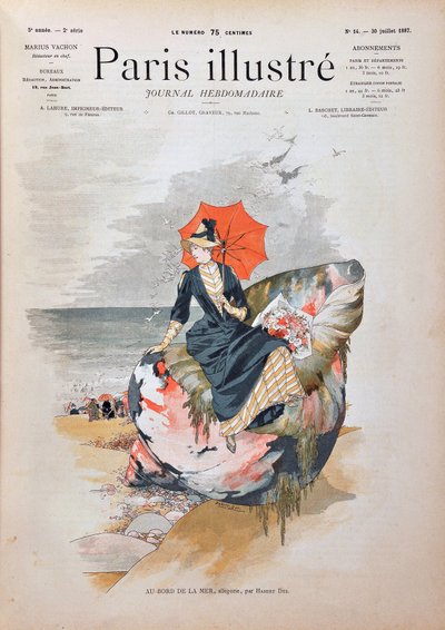 A tenger mellett, Habert Dys allegóriája. Elegáns nő egy hatalmas kagylón ülő esernyővel pózol a tengerpart homokján. Metszet 1887-ből a „” Paris-Illustrous folyóirat hetilapjában”. alkotó: Anonymous Anonymous