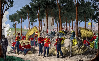 Orosz és angol csapatok táborozása a párizsi Champs Elysees-n 1815 júliusában, Napóleon 1. veresége után, Metszet, Magángyűjtemény alkotó: Anonymous Anonymous