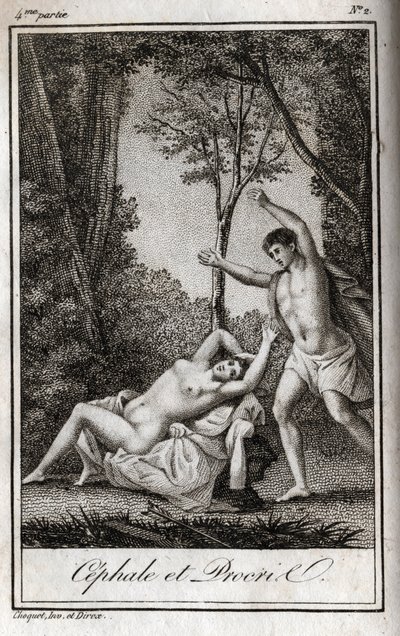 Cephale és Procris (Cephalus) szerelmespár. Metszet 1819-ből Charles Albert Demoustier (1760-1801) „Lettres a Emilie sur la mythologie” című művében. Magángyűjtemény. alkotó: Anonymous Anonymous