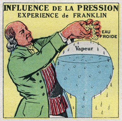 Állapotváltozások: nyomás hatása. Franklin forráspontja, Benjamin Franklin (1706-1790) tapasztalata annak bizonyítására, hogy a víz 100 fok alatt is fel tud forrni. Névtelen illusztráció 1925-ből. Magángyűjtemény. alkotó: Anonymous Anonymous