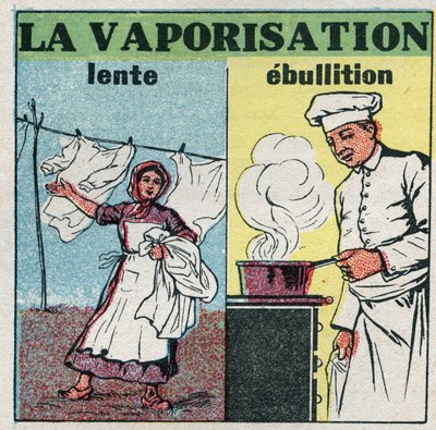 Állapotváltozások: lassú párolgás (szélhatás) vagy forrásban (serpenyő alatti melegítés). Névtelen illusztráció 1925-ből. Magángyűjtemény. alkotó: Anonymous Anonymous