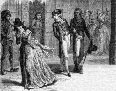 Charlotte Corday a Badin késgyártónál, a Palais-Royal árkádjai alatt 1793-ban - Alphonse de Lamartine (1790-1869) metszet a „Histoire des Girondins”-ba, 1865-1866 - Magángyűjtemény alkotó: Anonymous Anonymous