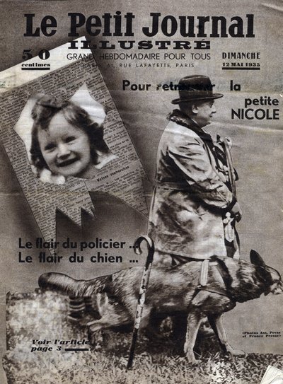 Chaumont ügyei: rendőrkutyák edzenek, hogy megtalálják az eltűnt gyerekek (itt Nicole lány) és banditák nyomát. A "" Le petit Journal illustrious"" címlapja, 1935. 12. 05. Gyűjteményi díj alkotó: Anonymous Anonymous