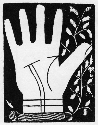 Chiromancia - Kettős napvonal áttörése a közepén - 1545-ös metszet a „The Art of Chyromance” című művében Andre Corvo - Magángyűjtemény alkotó: Anonymous Anonymous