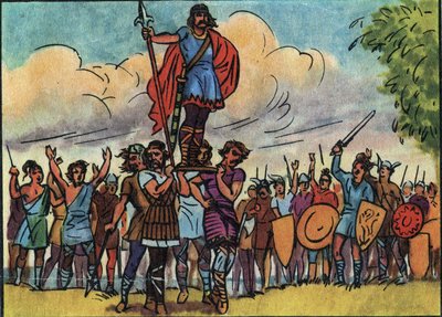 Clovis (a frankok királya 481-től 511-ig) a szaliánusok választották királlyá, akik a sáncon (pajzson) vitték, miközben körbejárta a tábort. Névtelen illusztráció a „Collection des souverains et chefs d