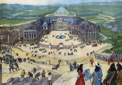 A versailles-i kastély építése 1678-ban Jules Hardouin Mansart tervei alapján az előtérben XIV. Lajos király. alkotó: Anonymous Anonymous