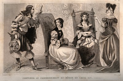Jelmezek XIV. Lajos uralkodásának kezdetén (1650). Metszet 1859-ből a „” Le Monde-ban. Minden nép története a legtávolabbi időktől napjainkig”. M. E. de Lostalot-Bachoue (Lostalot Bachoue). Magángyűjtemény. alkotó: Anonymous Anonymous