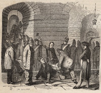 Kapcsolódás a Rochefort bagnénál a 19. században. Pierre Zaccone (1817-1895) (Colonia Penale - Büntetőtelep) metszet az „Elítéltek története a megalkotásuktól napjainkig” című könyvébe (1877). Magángyűjtemény. alkotó: Anonymous Anonymous