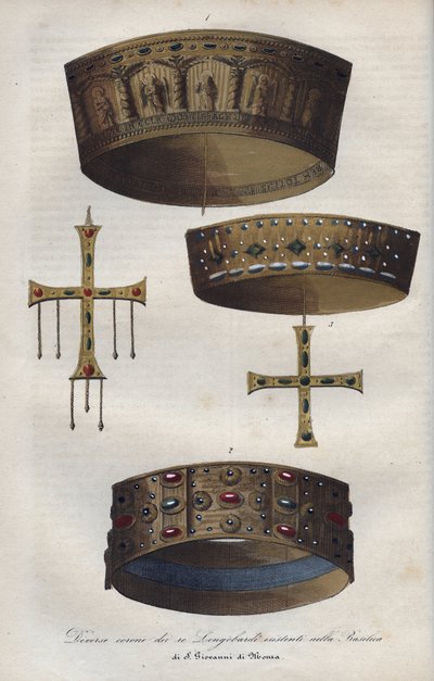 A Monzai Szent János-bazilikában őrzött Lombard Királyság szuveri koronája (568-774) - A lombard királyok különböző koronái a San Giovanni di Monza-bazilikában - metszet a „” Usi e Costumi di Tutti i i i i-ből Popoli dell alkotó: Anonymous Anonymous