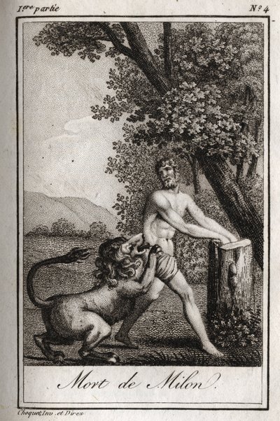 Milon de Crotone (Milo of Croton) halálát egy farkas felfalja. Metszet 1819-ből Charles Albert Demoustier (1760-1801) „Lettres a Emilie sur la mythologie” című művében. Magángyűjtemény. alkotó: Anonymous Anonymous