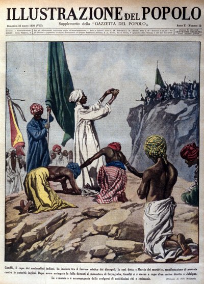 Mohandas Karamchand Gandhi (1869-1948) politikai vezető által vezetett tüntetés az angol hatóságok ellen tiltakozva, az úgynevezett mártírok Dzsalaipur felé tartó felvonulása alatti szertartást ábrázolva. Az illusztráció a „” L
