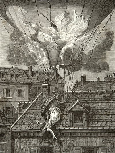 Madame Sophie Blanchard (1778-1819) drámai halála 1819. július 6-án a párizsi Tivoli kertje felett, metszet, magángyűjtemény alkotó: Anonymous Anonymous