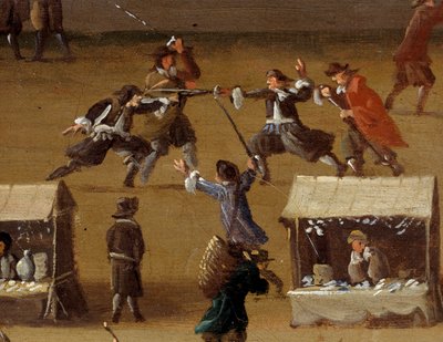 Párbajjelenet a párizsi Pont Neuf-nál a 17. században Részlet. Névtelen festmény. Párizs, Musee Carnavalet alkotó: Anonymous Anonymous