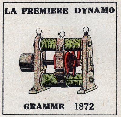 Dynamo: az első dinamó, amelyet Zenobe Theophile Gram (1826-1901) talált fel 1872-ben. Névtelen illusztráció 1925-ből. Magángyűjtemény. alkotó: Anonymous Anonymous