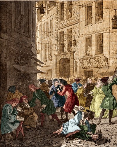 Gazdasági rendszer: a spekulatív buborék a jogrendszer idején, a rue Quincampoix agiotorai - Párizs IV. ardt. A Quincampoix Street John Law rendszerének idején volt (1671-1729). "" Az agagiotage a Quincampoix Streeten (csődöt okozott alkotó: Anonymous Anonymous