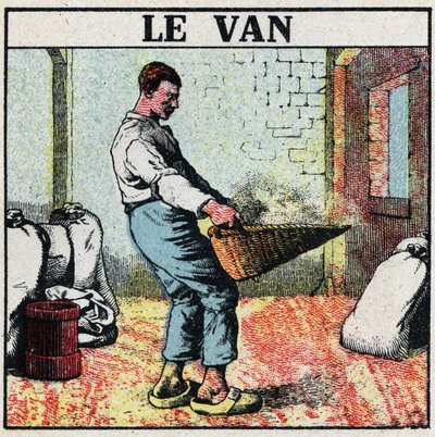 Elektromos szerszámok: az elektromos gépek feltalálása előtt a furgont vagy a fonott kosarat a gabona törlésére használták. Névtelen illusztráció 1925-ből. Magángyűjtemény. alkotó: Anonymous Anonymous