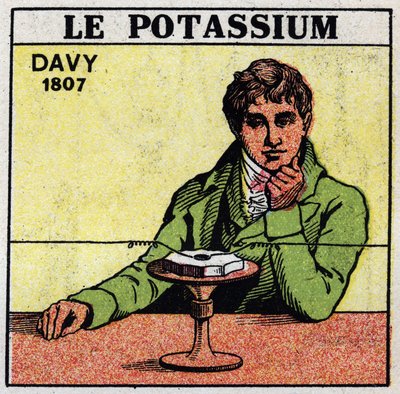 Elektrokémia: a kálium (kálium) és a szóda lebontása, Sir Humphry Davy (1778-1829) 1807-ben. Névtelen illusztráció 1925-ből. Magángyűjtemény. alkotó: Anonymous Anonymous