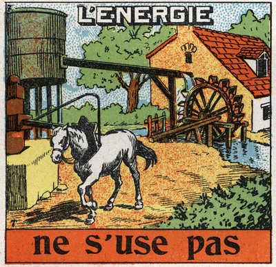 Az energia nem kopik el: a ló egy manézshoz csatlakozik, és hallja a vizet a tározóban. Névtelen illusztráció 1925-ből. Magángyűjtemény. alkotó: Anonymous Anonymous