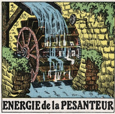 Gravitációs energia: vízimalom kereke. Névtelen illusztráció 1925-ből. Magángyűjtemény. alkotó: Anonymous Anonymous