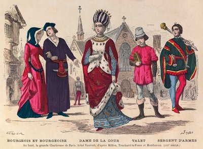 Metszet - Bourgeois et bourgeoise, udvarhölgy, inas, őrmester Párizsban a 13. században (a háttérben la grande Chatreuse de Paris, Vauvert hotel) - Udvari jelmezek Franciaországban a 13. században - magángyűjtemény alkotó: Anonymous Anonymous