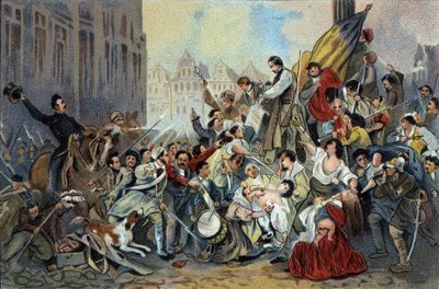 Az 1830-as forradalom epizódja a brüsszeli városháza előtt. Antoine csokoládék reklámkromolitográfiája Brüsszelben, a XX. század eleje. Magángyűjtemény alkotó: Anonymous Anonymous